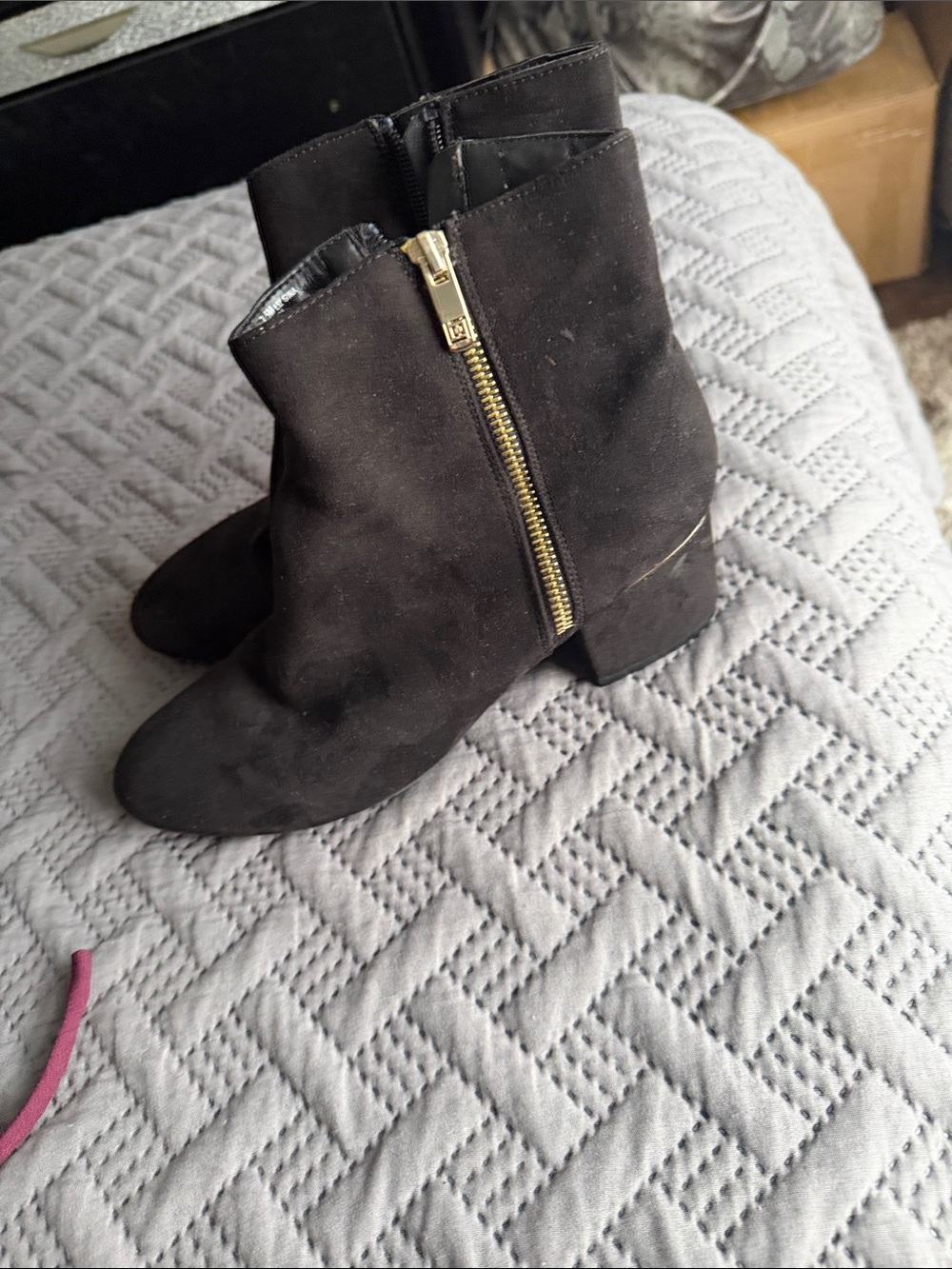 Liz Claiborne Black Suede Ankle Booties with Gold Side Zipper